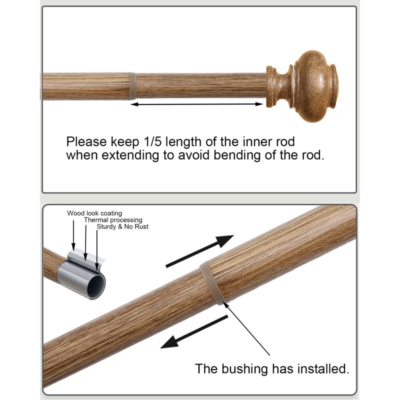 Tringles à rideaux en bois pour fenêtres 32 à 45 pouces, tringles à rideaux réglables de 1 pouce Boho, tringles à draperies robustes, rustique de ferme avec faîteaux imitation grain de bois