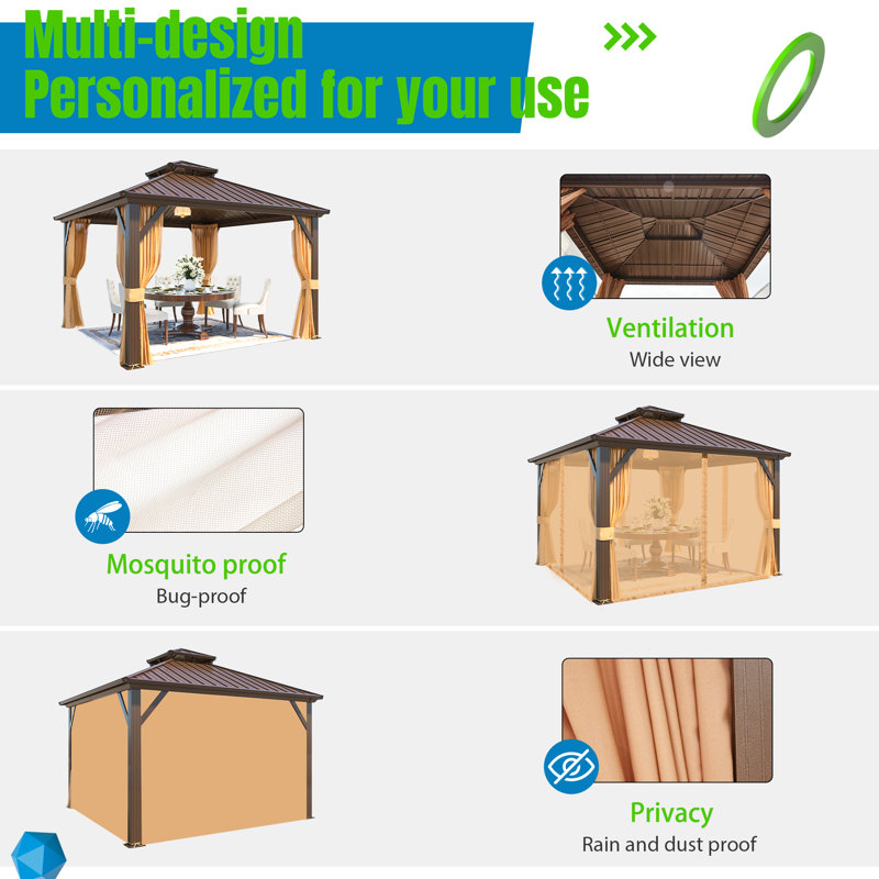 Erommy 12' x 12' Brown Aluminum Frame Gazebo with Curtains and Netting