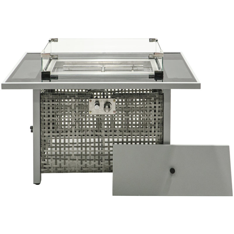 43 Inch Rectangular Propane Fire Pit Table, 60000 , Grey With Open Weave Pattern, Featuring Blue Glass Stones And Tempered Wind Guard For Outdoor Spaces 43" Gas Bohemian Design, Removable Lid, Garden