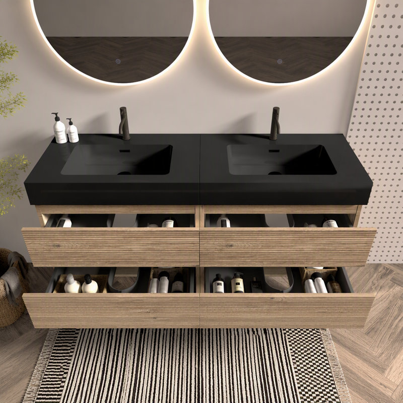 Meuble-lavabo suspendu Grace 60 po (30 po x 2) en chêne brut avec lavabo en surface solide noir mat et tiroirs à fermeture amortie, pour salle de bain moderne, sans bonde ni robinetterie, à monter soi-même