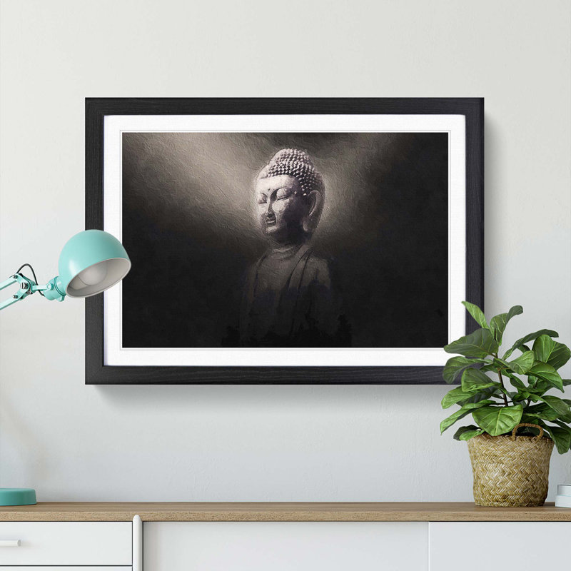 Buddha in a Mist - Picture Frame Art Print, 48cm H x 65cm W x 2cm D, Black Framed