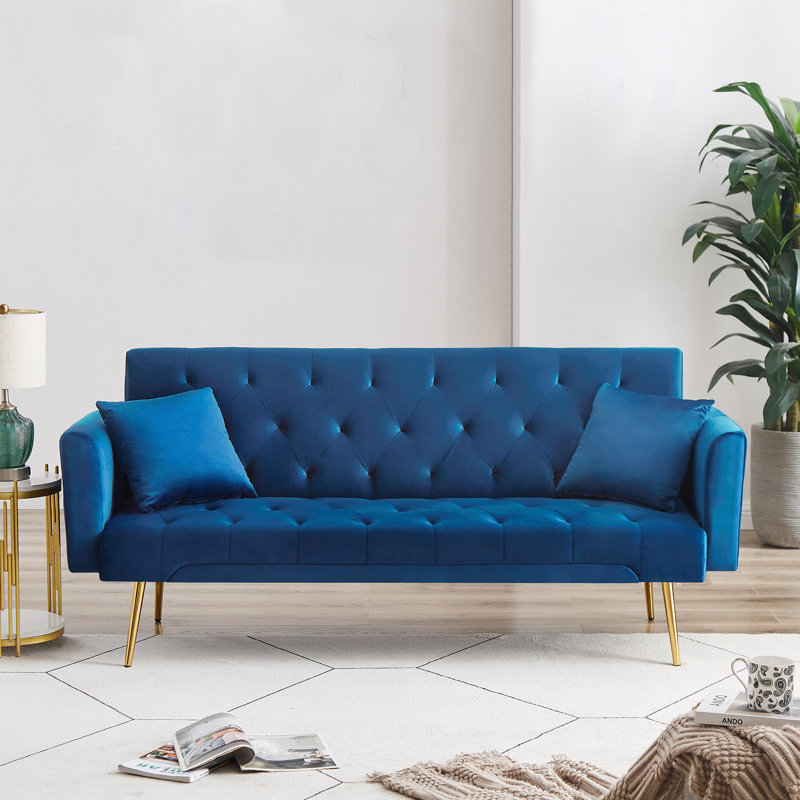 71-inch down-filled couple's soft sofa with 3-position convertible feature and metal-legged sofa bed, Blue