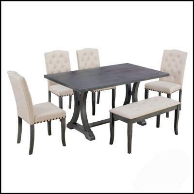 Ensemble de table de salle à manger 6 pièces, table à tréteaux rectangulaire et 4 chaises et banc rembourrés pour une salle à manger élégante
