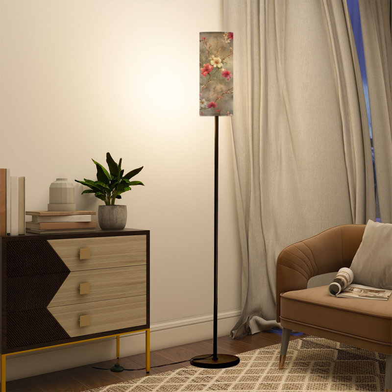  Lampe sur pied de 68,5 po à motif de fleurs de cerisier à l'aquarelle à motif floral rose pastel avec abat-jour en lin et ampoule DEL incluse
