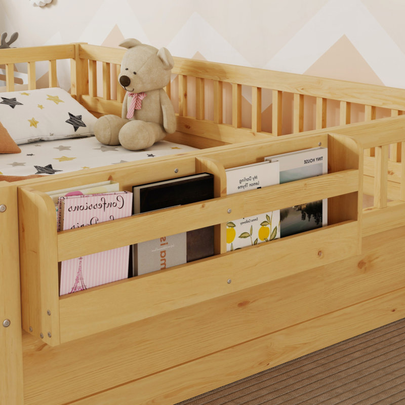 Structure de lit Montessori avec lumières DEL et tablette de rangement, lit en bois pour enfants avec barrières de sécurité élevées