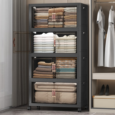 Extra Large Stackable Storage Bins with Lids & Wheels & Door, Foldable Collapsible Closet Organizers, Plastic containers drawers for bedroom Dorm
