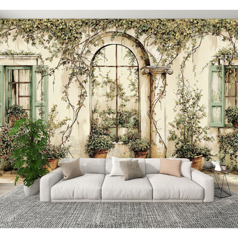Papier peint adhésif pelez et collez Peaceful Stone Garden Sunlit Greenery Walls, L 144 po x l 100 po