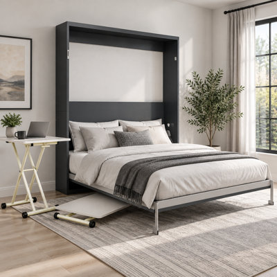 Grand lit escamotable et bureau séparé Desqvara, poste de travail manuel à hauteur réglable avec roulettes silencieuses, cadre de lit pliable vertical en métal, capacité de 1102 lb, matelas de 8 à 10 pouces