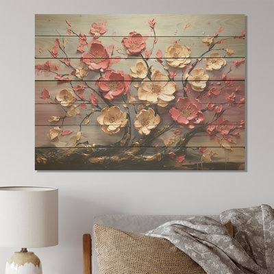 Élégant arbre floral orchidée rose et blanc II - motif floral abstrait sur bois