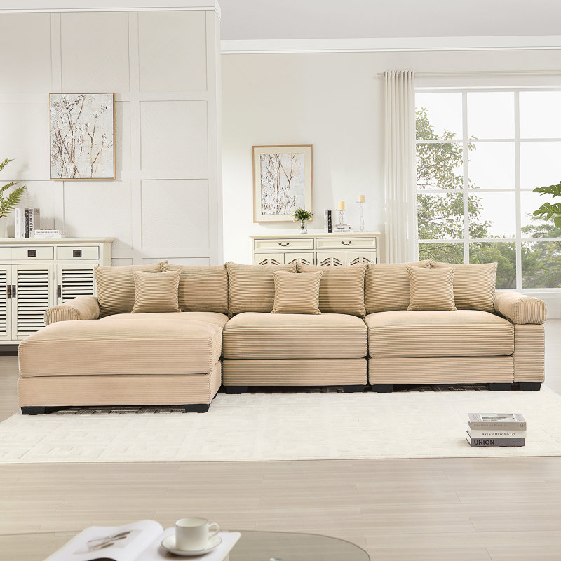 130" Oversized Cloud Modular L-Shape Sectional Couch, Soft Corduroy Fabric,With Chaise Deep Seat Wide Armrest Ergonomic Design 9 Pillows Easy Assembly,For Living Rooms Bedroom,Camel