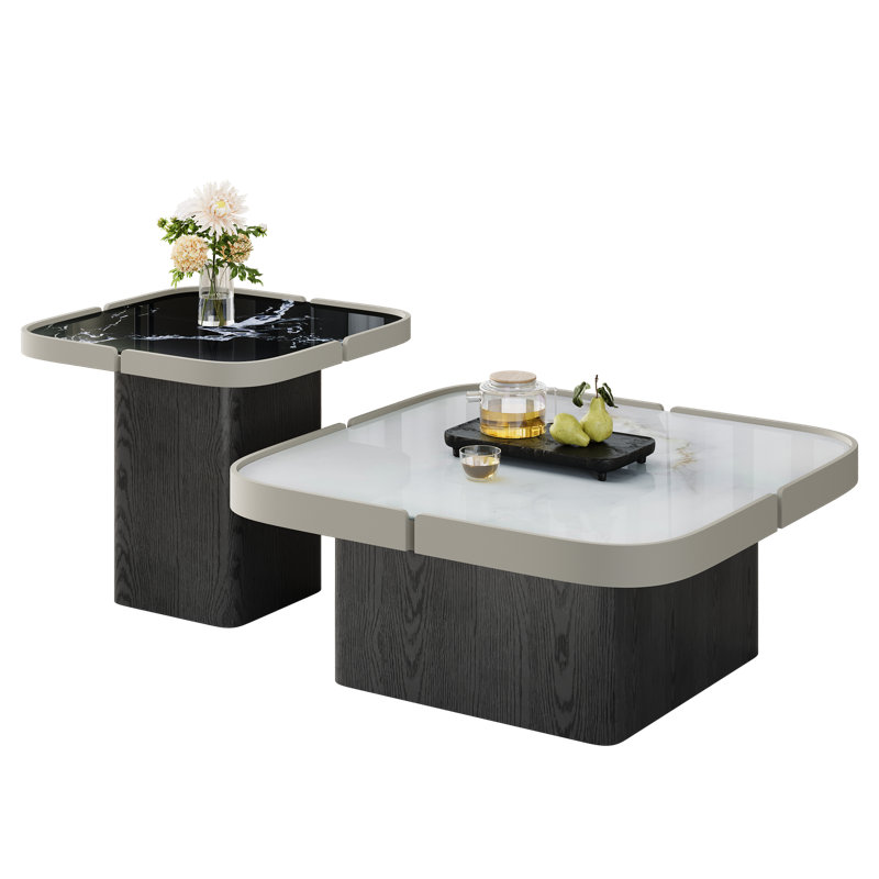 Nesting Tables Set of 2, Square Coffee Table with Black Wood Base, Stone Side Table