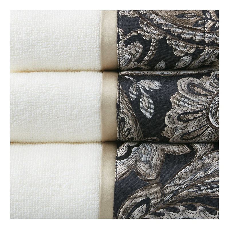 Ensemble de 6 serviettes en coton jacquard noir avec ourlet cachemire 6 pièces, Black