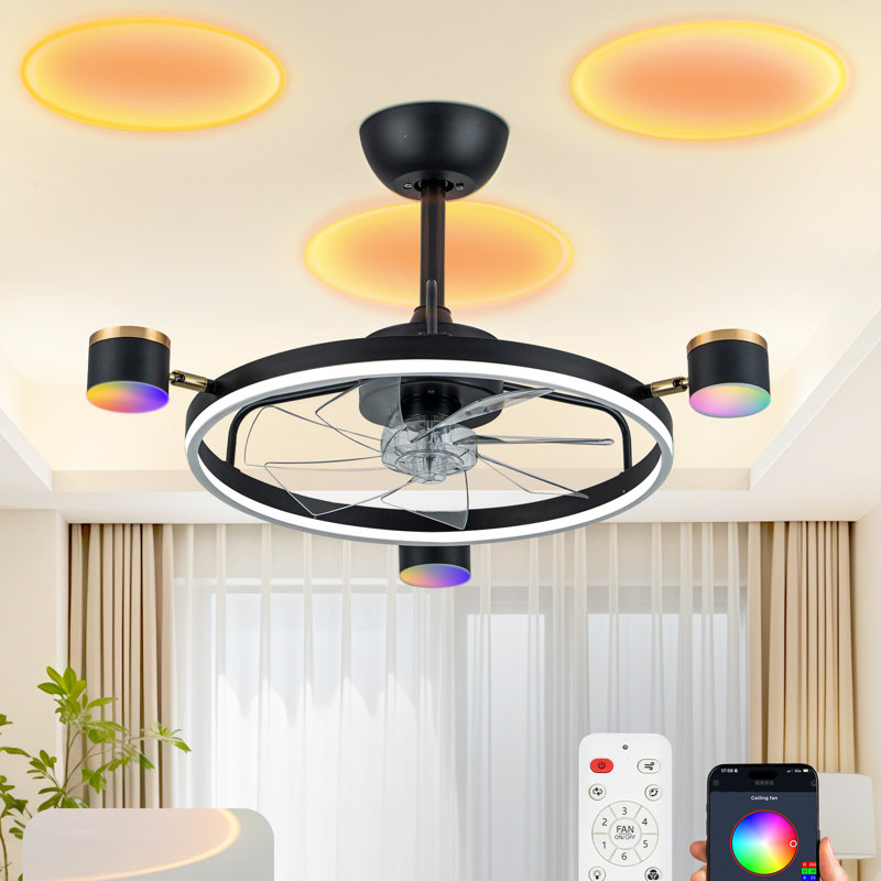 20" Smart Multi-Atmosphere Fandelier with 3 Dual-Directional Lamp Heads (RGB, Sunset Projection, & 3-CCT LED Ring), App Control Flush Mount Ceiling Fan with Quiet DC Motor