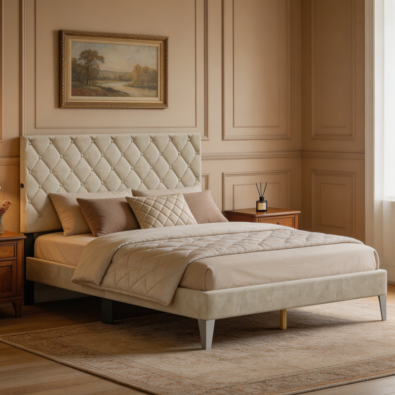 Structure de lit beige tapissier avec deux ports USB, lit plateforme avec tête de lit