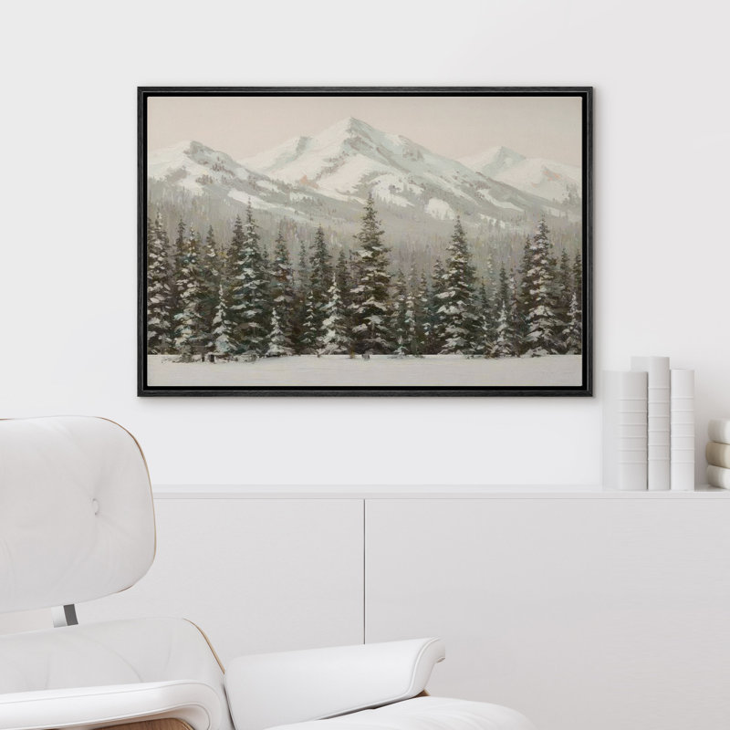 «Snowy Mountain Range and Pine Forest Winter Scene», reproduction d'art sur toile encadrée dans la chambre principale, Noir