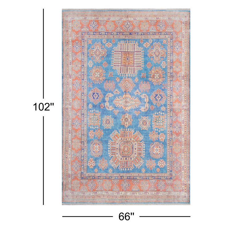 Tapis bleu / corail à motif floral Lyona, Rectangle 5 pi 6 po x 8 pi 6 po
