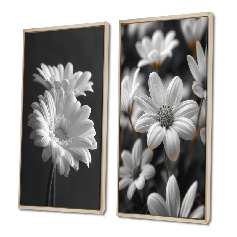 Monochromes noir et blanc «Bliss Daisy Photo I - Daisies Wall Art», ensemble de 2 pièces, H 28 po x l 24 po, Érable