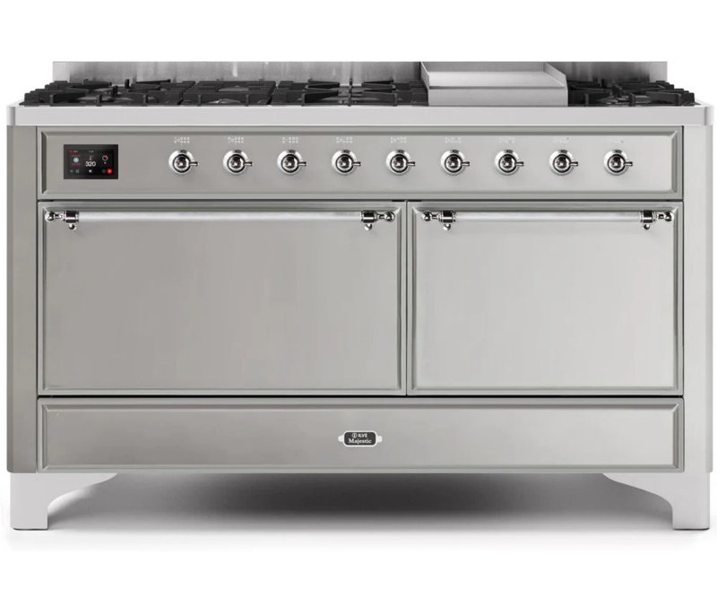 ILVE UM15FDQNS3BKCLP Majestic II 60 inch Dual Fuel Range with 9 Burners, Griddle (Liquid Propane, Solid Door, Glossy Black, Chrome)