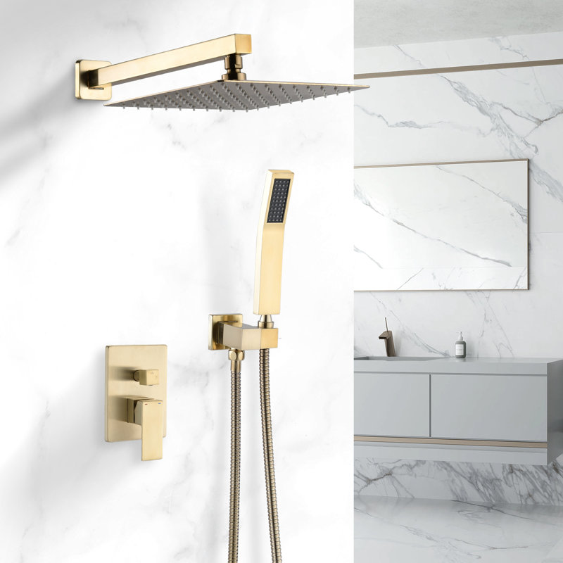 10 Inch Brushed Gold Complete Shower System With Lever Handle, Diverter, And Constant Water Temperature For A Comfortable Wall Mounted Adjustable Flow, Single Diverter Peaceful Bathroom Atmosphere