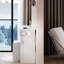 Meuble-lavabo rond 17 po et tabouret rembourré à DEL 17 po, système à 3 couleurs réglables, miroir tactile, 2 ports AC + 1 de type C intégrés, grand bureau, rangement multicouche, design américain, blanc