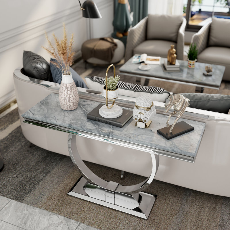 Luxury Console Table With Metal U Base And Gloss Texture Top, Grey/Silver