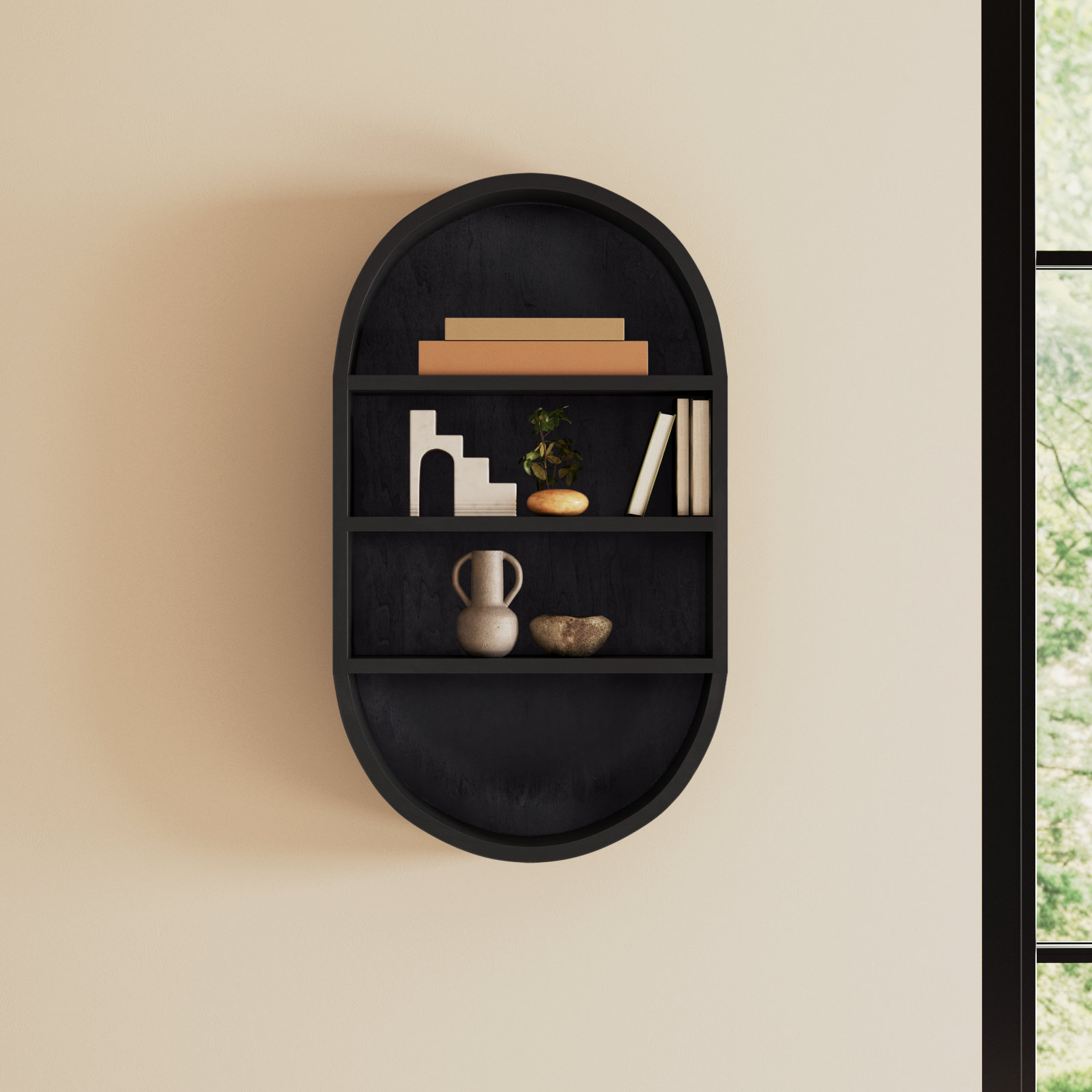 Minx Oval Solid Mango Wood Accent Wall Shelf, Black