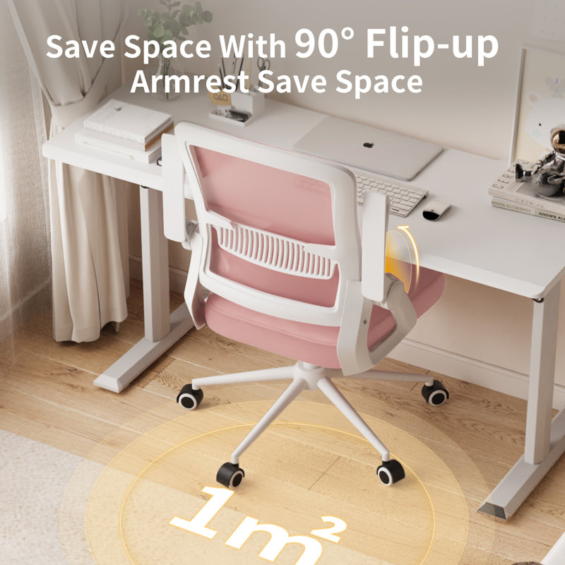 Computer Desk Office Chair with Flip-up Armrests, Pink, White