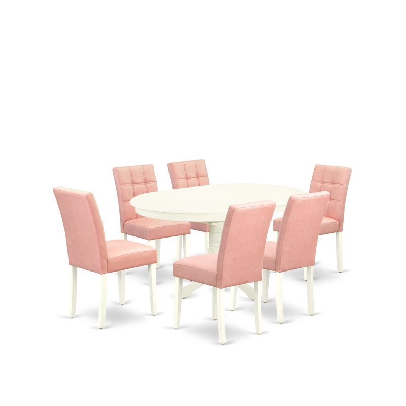 7 Piece Dinner Table Set consists A Modern Dining Table and 6 Beige Red Polyester Fabric Kitchen Chairs with Stylish Back- Linen White Finish
