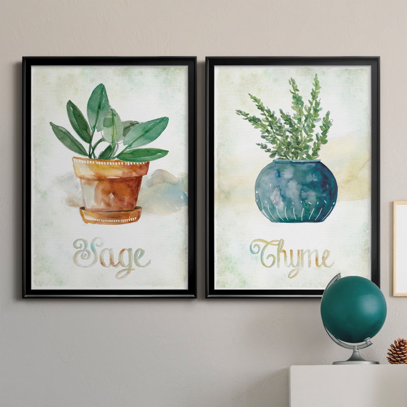Sauge en pot - ensemble de 2 peintures sur toiles, Black Framed Canvas, H 26,5 po x l 73 po x P 1,5 po