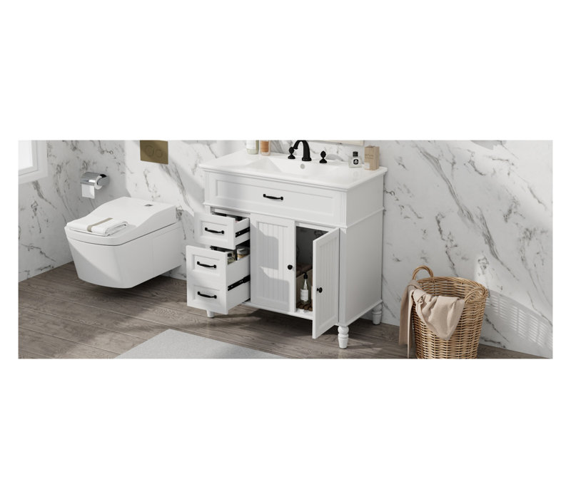 36" White Bathroom Vanity with Integrated Ceramic Sink and Acacia Wood Cabinet