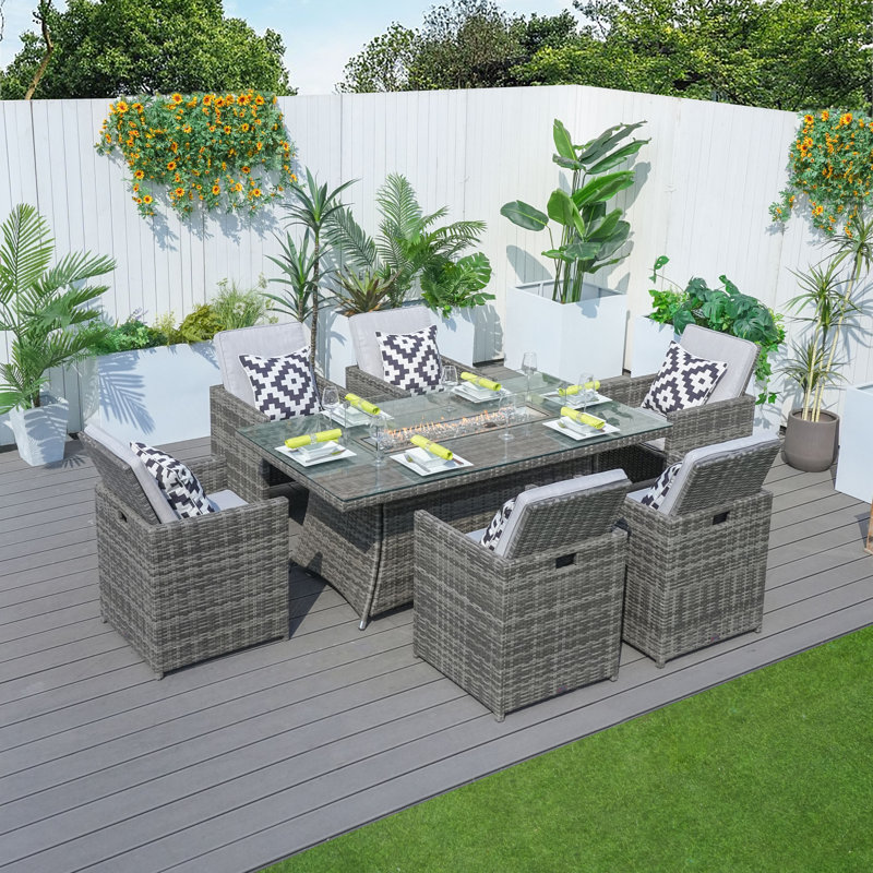 Aerolyn 6 - Person Wicker Patio Dining Set with Rectangular Table , Cushions Included, White, Gray