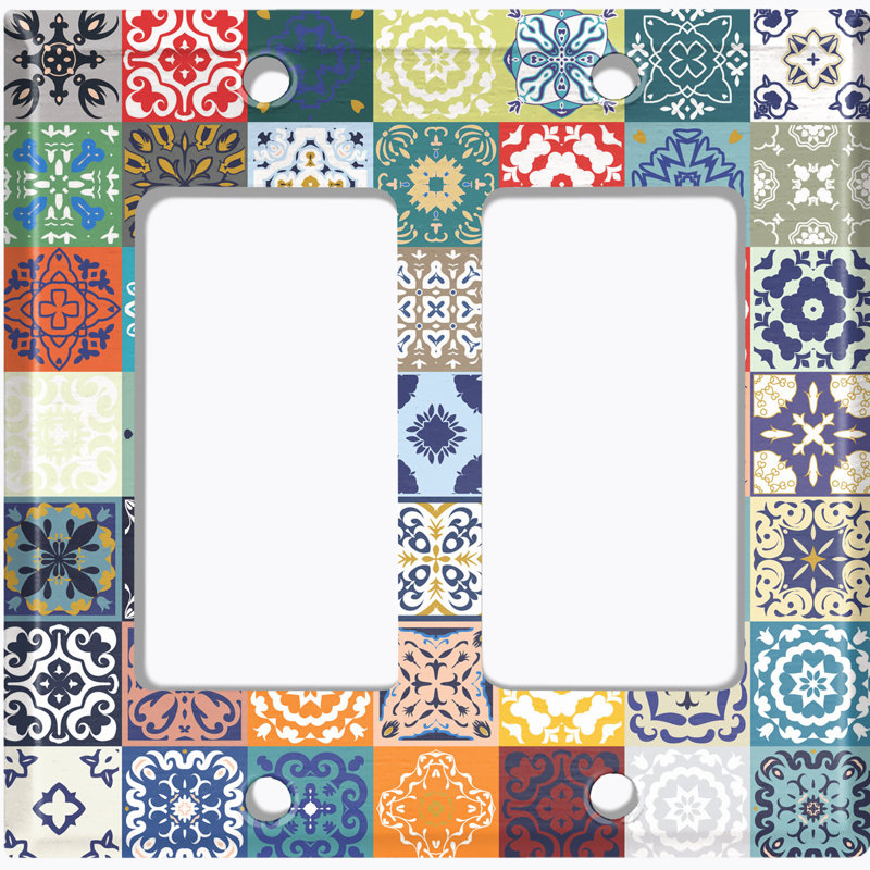 Metal Light Switch Plate Outlet Cover (Vintage Colourful White Elegant Square Pattern Picnic - Single Toggle)