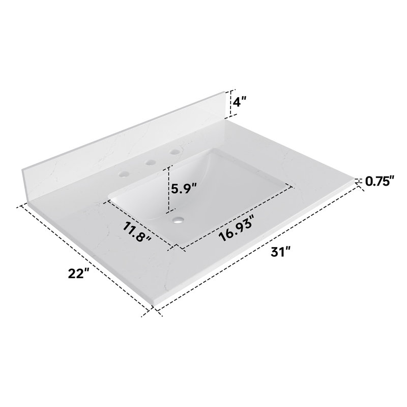 Plateau de meuble-lavabo simple 31 po avec lavabo et trous de robinet 31 po, Quartz blanc