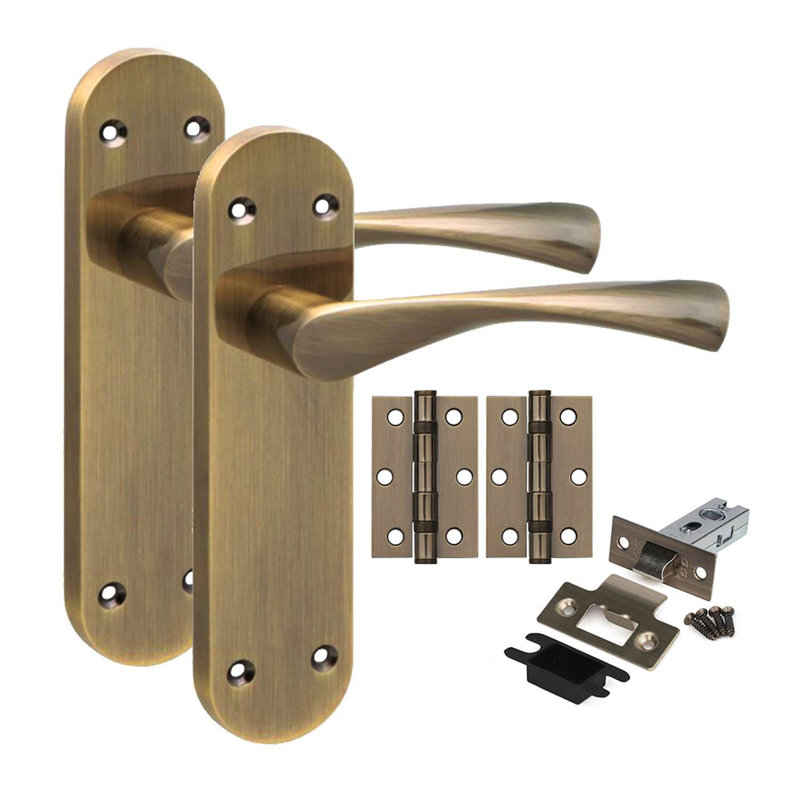 Golden Grace 5 Pairs Victorian Astrid Design Long Rounded Backplate Scroll Internal Door Handle Antique Brass with 2.5" Latch & Hinges - 182mm x 45mm