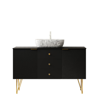 Meuble-lavabo de 48 po autoportant avec lavabo, structure noire et pieds dorés, 3 tiroirs, 2 portes, comptoir en pierre frittée en céramique blanche, armoire de rangement haute résistance de 48 pouces