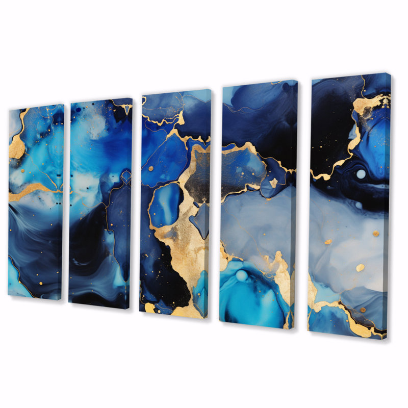 Bleu et or, art abstrait fluide de luxe V - fractales, art mural sur toile - 5 panneaux égaux