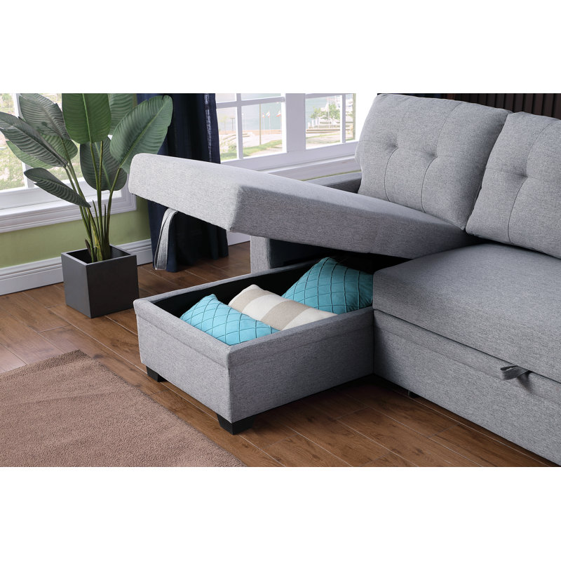 Upholstered Pull Out Sectional Sofa With Chaise, Light Gray Linen