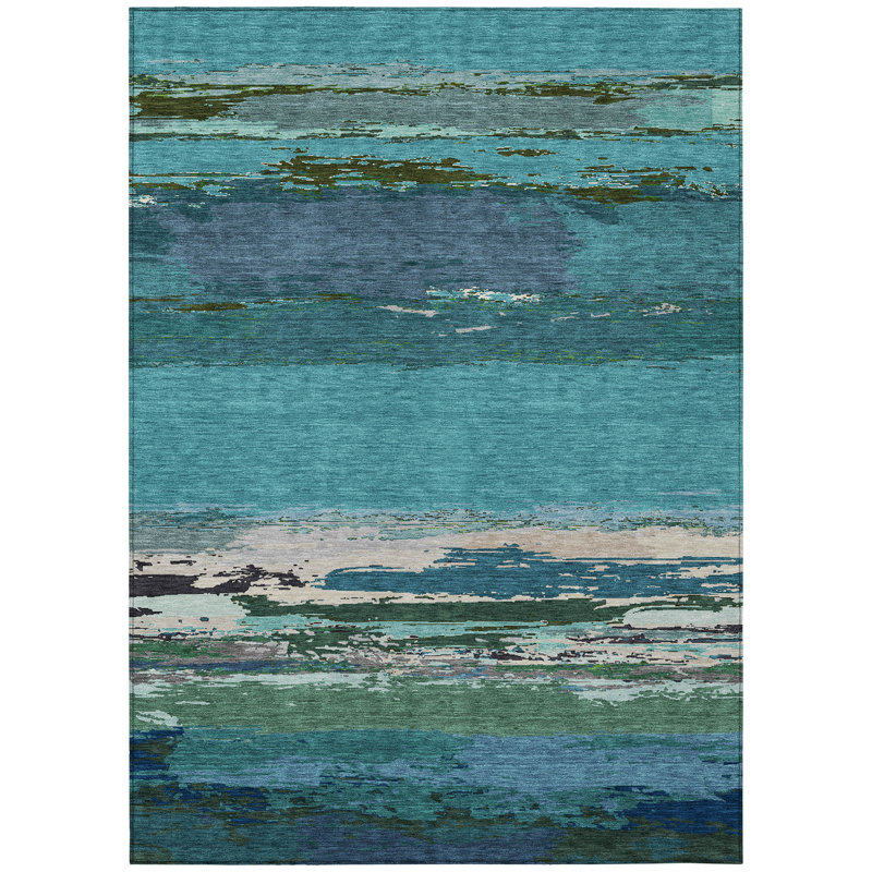 Teal and Blue Synthetic Stripe Indoor/Outdoor Rug, 5' x 7'6"