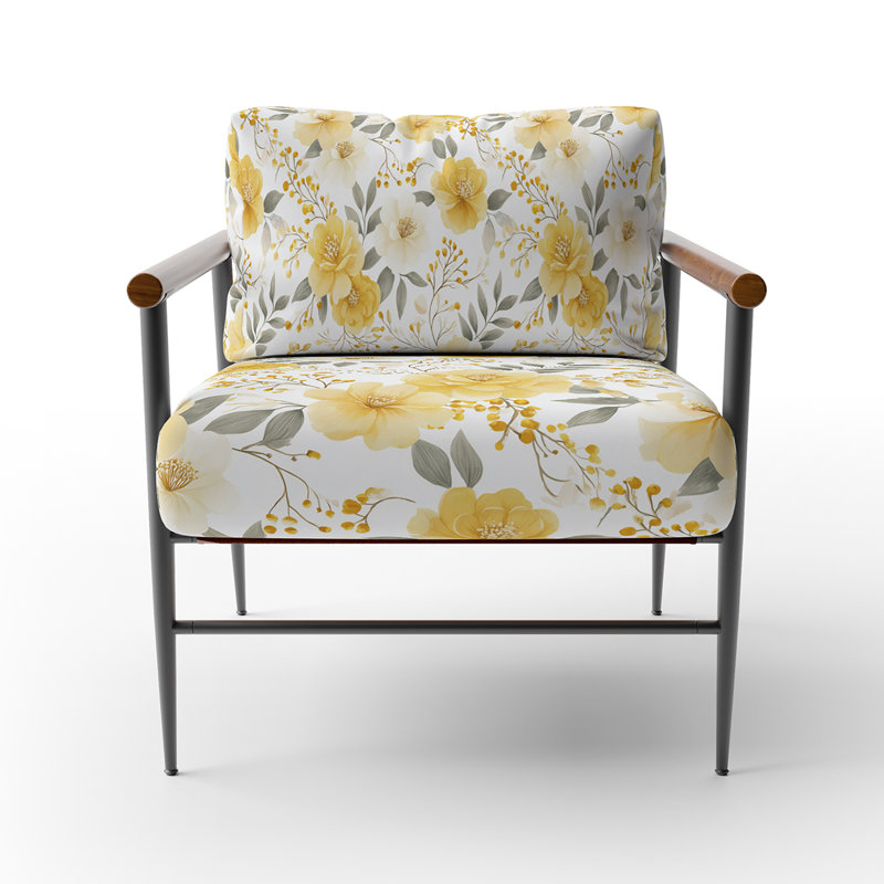 Fauteuil de style champêtre en velours jaune Whisper, Bras ronds bruns