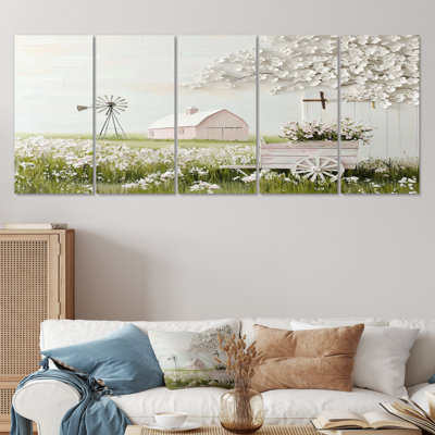 Farm Landscape In Pink And Green Tones III - Farmhouse Canvas Art Set