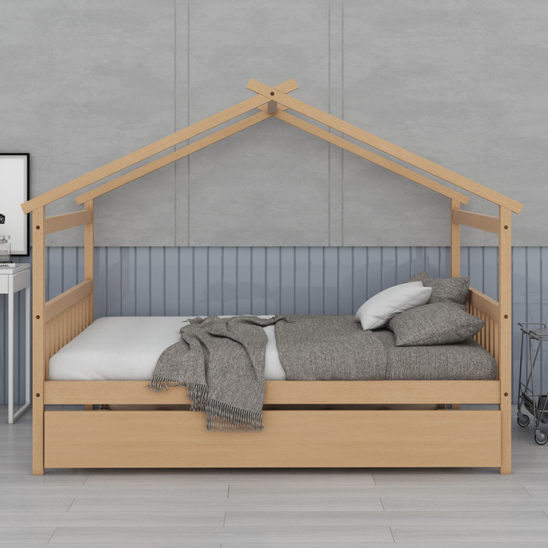 Wooden House Bed With Trundle, Natural, Full