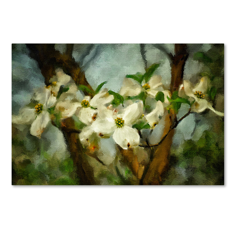 Large White Floral Canvas Art with Green Accents
