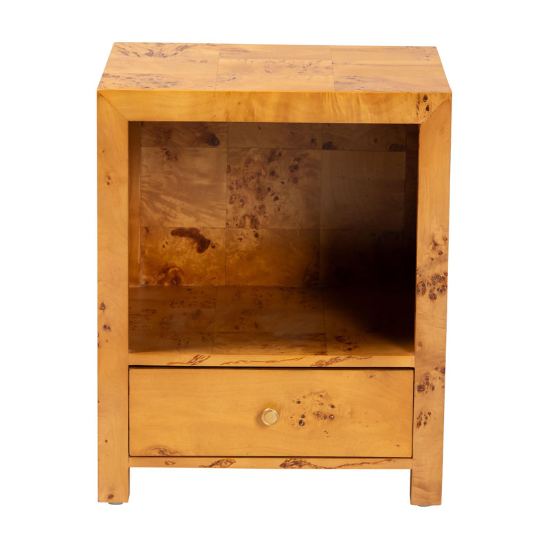 Ashwin Bali & Pari Camira Modern And Contemporary Natural Light Mappa Burl Wood 1-Drawer Nightstand