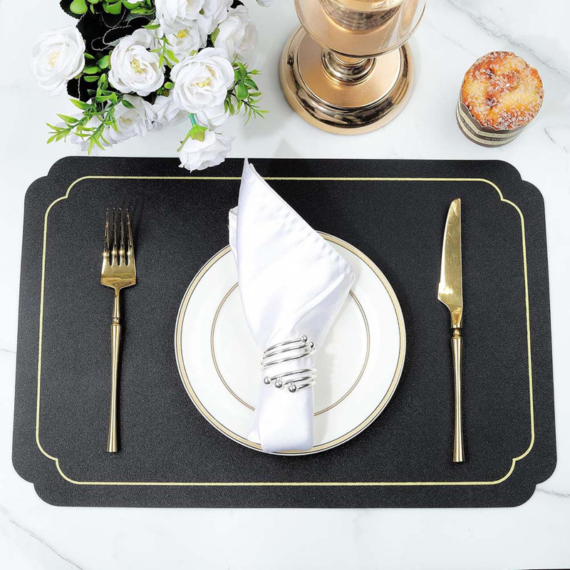 Black Faux Leather Placemats With Gold Trim Placemats And Coasters Set Of 6 Large Rectangular Table Mats Heat Resistant And Easy To Clean