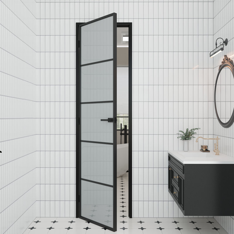 Panneau de porte intérieur en verre givré Aluminun 5-Lite avec cadre et bouton Aluminun, H 80 po x l 24 po, Oui