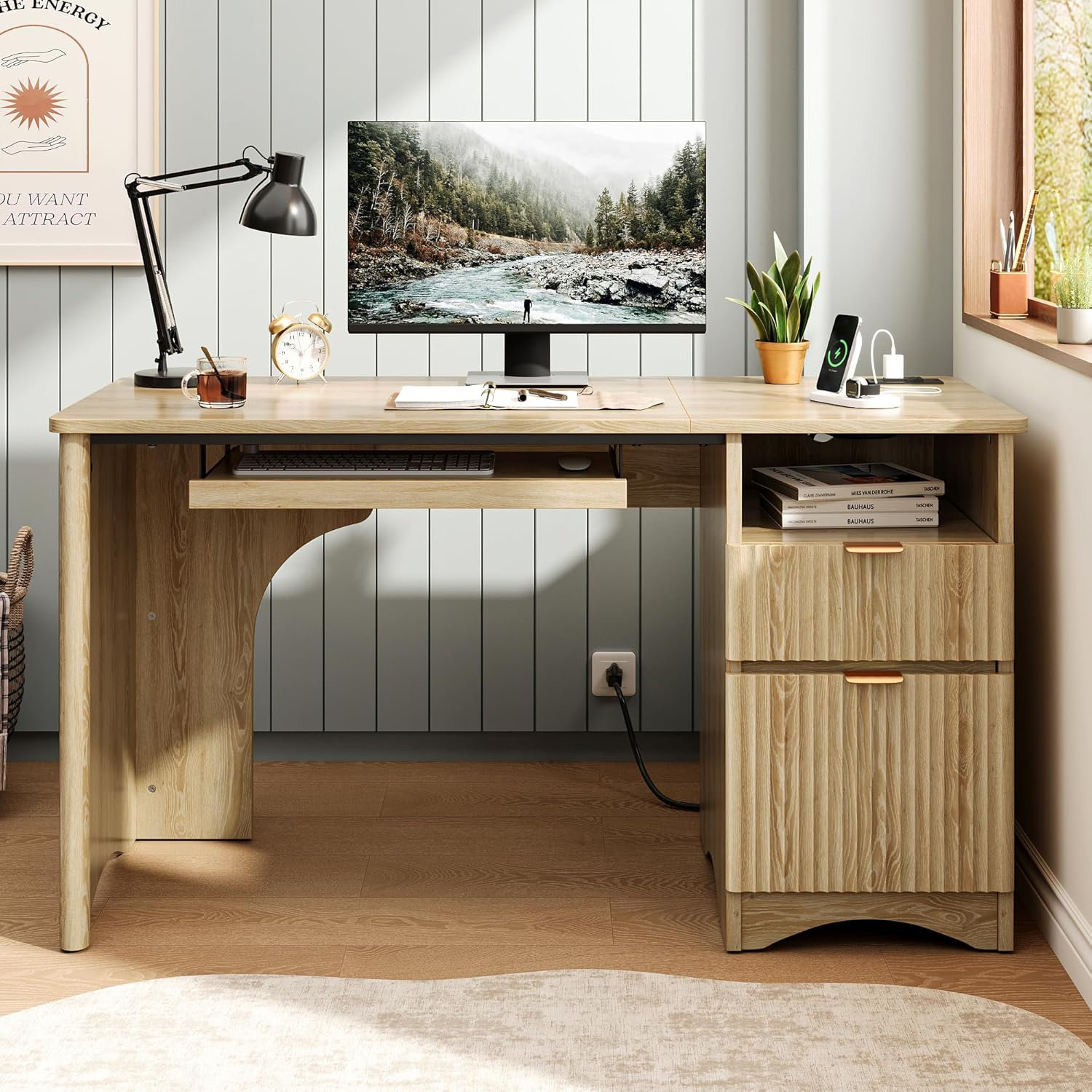 Red Barrel Studio Modern Home Office Desk with File Drawer (Natual Oak ...