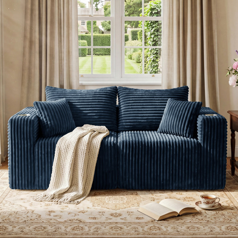 Canapé modulaire à compression Aldora, causeuse 2 pièces à profil bas avec porte-gobelets, poche de rangement latérale et 4 coussins, canapé sans assemblage pour le salon, bleu