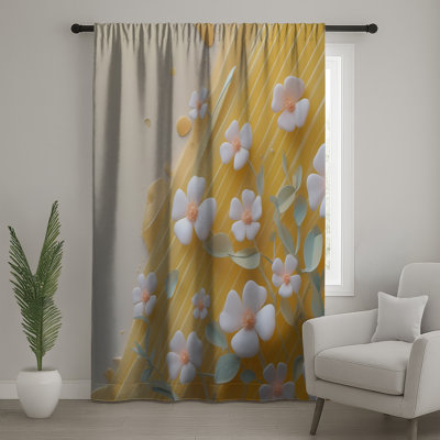 White Flowers On Yellow Window Curtains, Floral Sheer & Blockout Curtains - 1 Panel