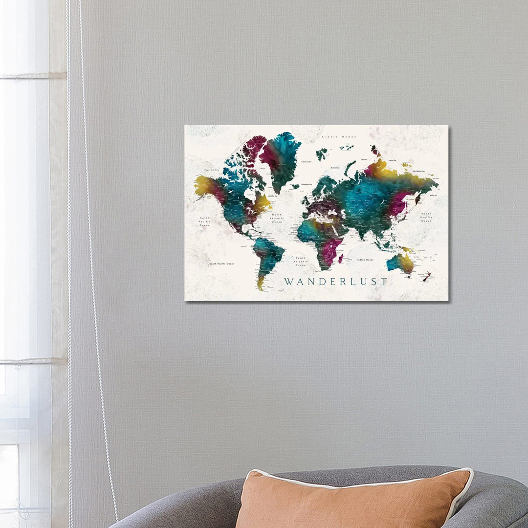 Wanderlust Charleena Detaillierte Aquarell-Weltkarte mit Städten von Blursbyai - Galerie-verpackte Leinwand Giclée auf L...