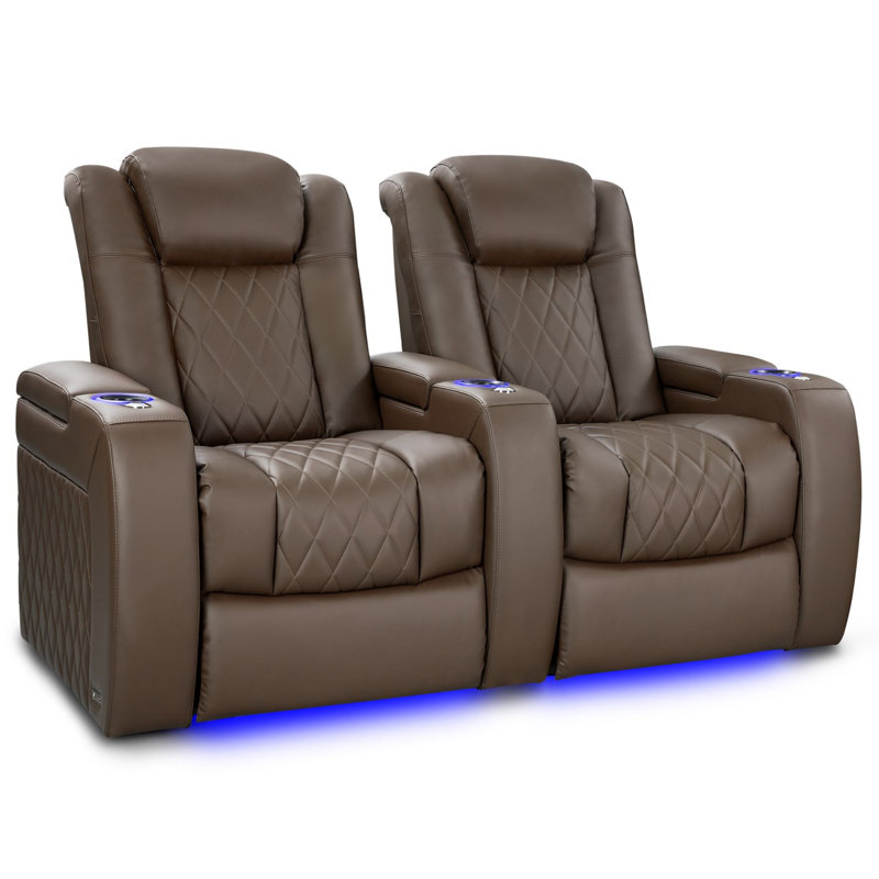 Siège de cinéma en cuir véritable de 68,25 po de largeur avec porte-gobelet, Cuir véritable truffe foncée
